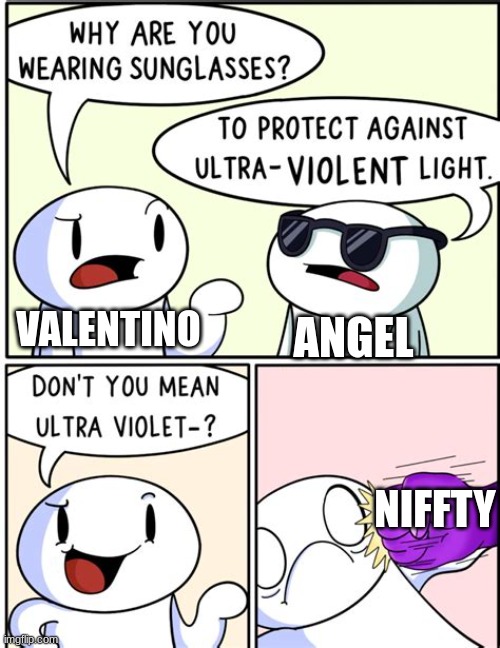 Ultraviolet Niffty | ANGEL; VALENTINO; NIFFTY | image tagged in ultraviolent light,hazbin hotel | made w/ Imgflip meme maker