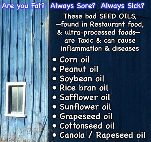 Drop These.  Instead, Pick Up the OLIVES & the COCONUTS | Are you Fat?  Always Sore?  Always Sick? These bad SEED OILS,
—found in Restaurant food,
& ultra-processed foods— 
are Toxic & can cause
inflammation & diseases; • Corn oil
• Peanut oil
• Soybean oil
• Rice bran oil
• Safflower oil
• Sunflower oil
• Grapeseed oil
• Cottonseed oil
• Canola / Rapeseed oil | image tagged in memes,for human health,its no mystery,toxic inside toxic outside,do not eat take out food or restaurant food | made w/ Imgflip meme maker