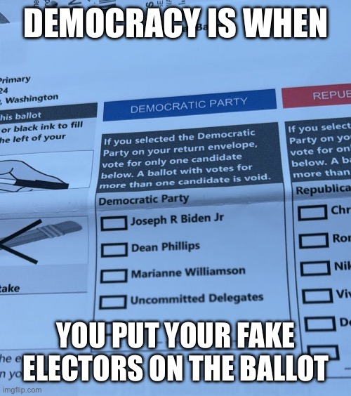DEMOCRACY IS WHEN; YOU PUT YOUR FAKE ELECTORS ON THE BALLOT | image tagged in i love democracy | made w/ Imgflip meme maker