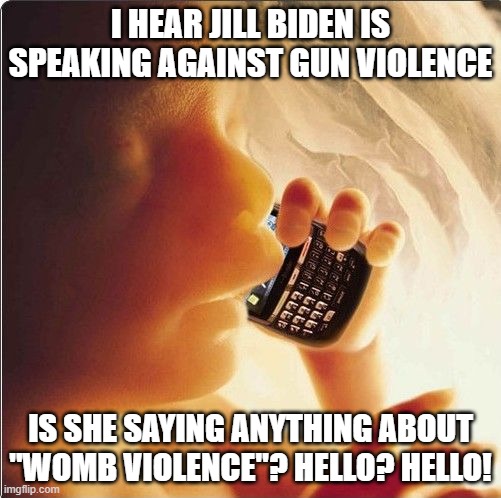 Baby in womb on cell phone - fetus blackberry | I HEAR JILL BIDEN IS SPEAKING AGAINST GUN VIOLENCE; IS SHE SAYING ANYTHING ABOUT "WOMB VIOLENCE"? HELLO? HELLO! | image tagged in baby in womb on cell phone - fetus blackberry | made w/ Imgflip meme maker