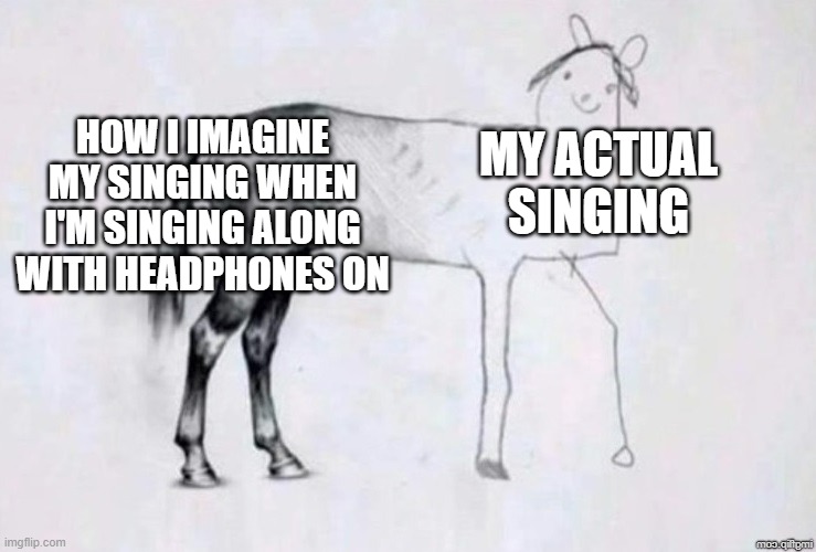 Embarrassingly, I Accidentally Do it in Class ??? | HOW I IMAGINE MY SINGING WHEN I'M SINGING ALONG WITH HEADPHONES ON; MY ACTUAL SINGING | image tagged in horse drawing | made w/ Imgflip meme maker