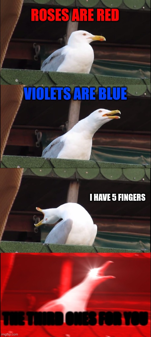 Inhaling Seagull Meme | ROSES ARE RED; VIOLETS ARE BLUE; I HAVE 5 FINGERS; THE THIRD ONES FOR YOU | image tagged in memes,inhaling seagull | made w/ Imgflip meme maker