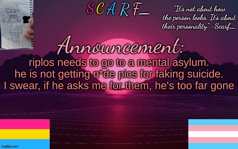 riplos needs to go to a mental asylum. he is not getting n*de pics for faking suicide. I swear, if he asks me for them, he's too far gone | made w/ Imgflip meme maker