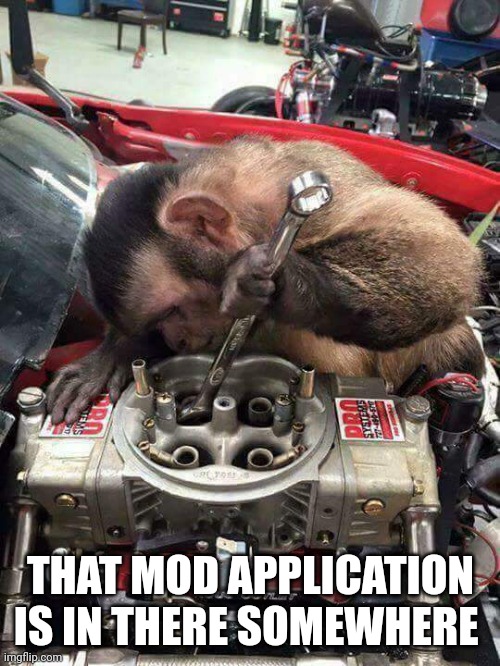 Monkey mechanic | THAT MOD APPLICATION IS IN THERE SOMEWHERE | image tagged in monkey mechanic | made w/ Imgflip meme maker