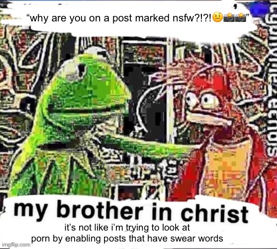 like you’re telling me you DON’T have it on? | “why are you on a post marked nsfw?!?!🤨📸📸”; it’s not like i’m trying to look at porn by enabling posts that have swear words | image tagged in my brother in christ | made w/ Imgflip meme maker