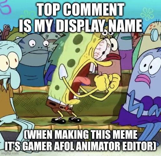 Spongebob Yelling | TOP COMMENT IS MY DISPLAY NAME; (WHEN MAKING THIS MEME IT’S GAMER AFOL ANIMATOR EDITOR) | image tagged in spongebob yelling | made w/ Imgflip meme maker