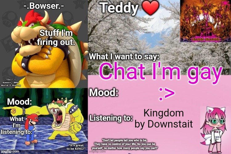 I am one with the gæs | Chat I'm gay; :>; Kingdom by Downstait | image tagged in bowser and teddy's shared announcement temp | made w/ Imgflip meme maker