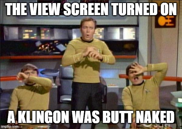 Nekkid Klingon | THE VIEW SCREEN TURNED ON; A KLINGON WAS BUTT NAKED | image tagged in star trek gasp | made w/ Imgflip meme maker