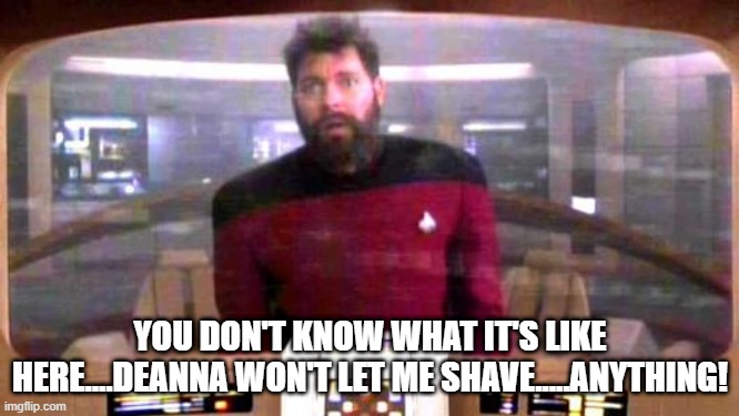 No Shave Universe | YOU DON'T KNOW WHAT IT'S LIKE HERE....DEANNA WON'T LET ME SHAVE.....ANYTHING! | image tagged in riker from borg controlled universe | made w/ Imgflip meme maker
