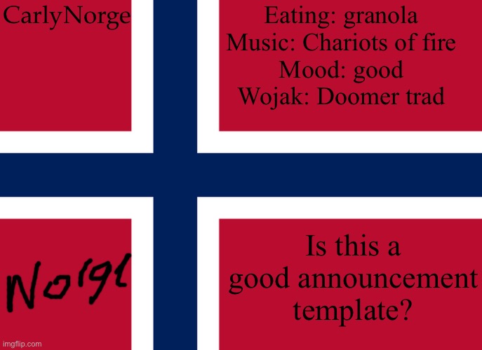 New announcement template?? | CarlyNorge; Eating: granola
Music: Chariots of fire
Mood: good
Wojak: Doomer trad; Is this a good announcement template? | image tagged in carlynorge's announcement template | made w/ Imgflip meme maker