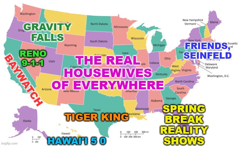 United States Map USA states map | GRAVITY FALLS BAYWATCH HAWAI'I 5 0 FRIENDS,
SEINFELD TIGER KING RENO 9-1-1 THE REAL HOUSEWIVES
OF EVERYWHERE SPRING
BREAK
REALITY
SHOWS | image tagged in united states map usa states map | made w/ Imgflip meme maker