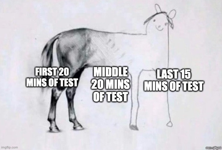 POV: You take a test | MIDDLE 20 MINS OF TEST; FIRST 20 MINS OF TEST; LAST 15 MINS OF TEST | image tagged in horse drawing,test,pov | made w/ Imgflip meme maker