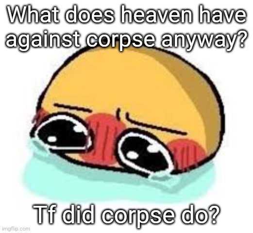 amb shamb bbbmba | What does heaven have against corpse anyway? Tf did corpse do? | image tagged in amb shamb bbbmba | made w/ Imgflip meme maker