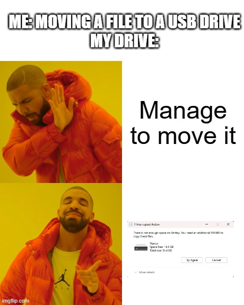 why is this | ME: MOVING A FILE TO A USB DRIVE
MY DRIVE:; Manage to move it | image tagged in memes,drake hotline bling | made w/ Imgflip meme maker