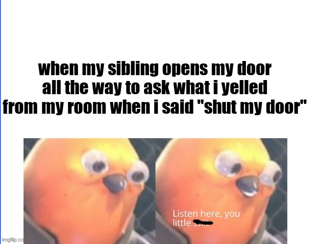 angery 100 | when my sibling opens my door all the way to ask what i yelled from my room when i said "shut my door" | image tagged in listen here you little shit | made w/ Imgflip meme maker