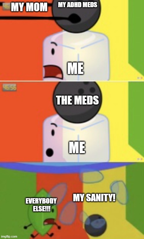 Bfdi meme | MY ADHD MEDS; MY MOM; ME; THE MEDS; ME; MY SANITY! EVERYBODY 
ELSE!!! | image tagged in bfdi meme | made w/ Imgflip meme maker