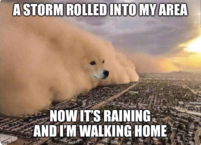 Doge Cloud | A STORM ROLLED INTO MY AREA; NOW IT’S RAINING AND I’M WALKING HOME | image tagged in doge cloud | made w/ Imgflip meme maker