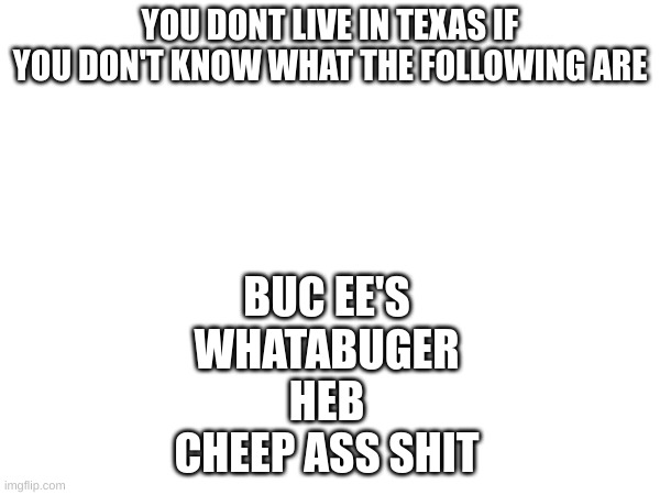 comment if you are texan | YOU DONT LIVE IN TEXAS IF YOU DON'T KNOW WHAT THE FOLLOWING ARE; BUC EE'S
WHATABUGER
HEB
CHEEP ASS SHIT | image tagged in texas,fun | made w/ Imgflip meme maker