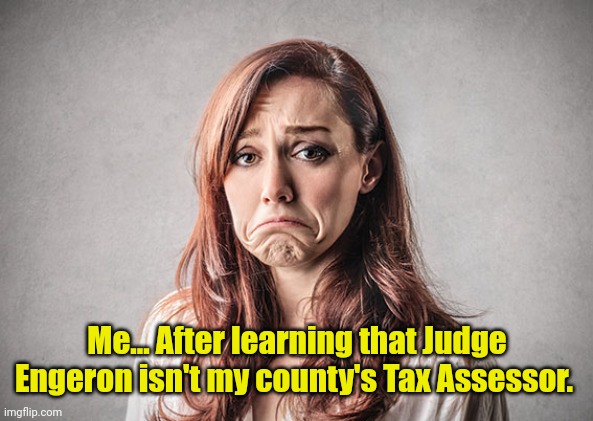 sad woman | Me... After learning that Judge Engeron isn't my county's Tax Assessor. | image tagged in sad woman | made w/ Imgflip meme maker