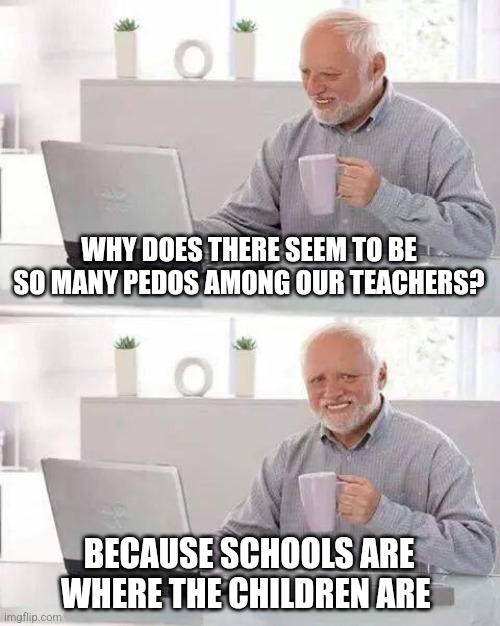You rob banks because that's where the money is | WHY DOES THERE SEEM TO BE SO MANY PEDOS AMONG OUR TEACHERS? BECAUSE SCHOOLS ARE WHERE THE CHILDREN ARE | image tagged in memes,hide the pain harold | made w/ Imgflip meme maker