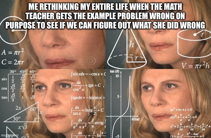 Calculating meme | ME RETHINKING MY ENTIRE LIFE WHEN THE MATH TEACHER GETS THE EXAMPLE PROBLEM WRONG ON PURPOSE TO SEE IF WE CAN FIGURE OUT WHAT SHE DID WRONG | image tagged in calculating meme | made w/ Imgflip meme maker