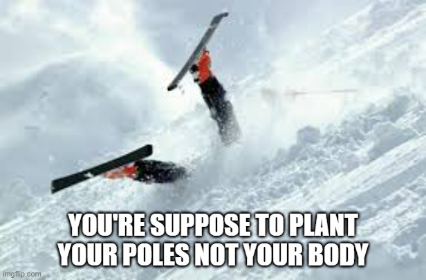 meme by Brad snow skiing fail | YOU'RE SUPPOSE TO PLANT YOUR POLES NOT YOUR BODY | image tagged in sports,funny,epic fail,skiing,funny meme,humor | made w/ Imgflip meme maker