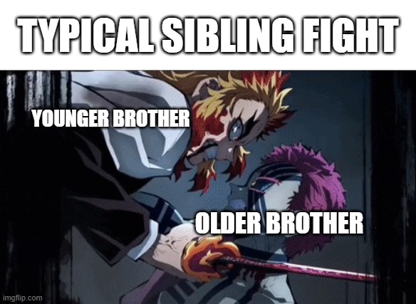 Rengoku vs Akaza | TYPICAL SIBLING FIGHT; YOUNGER BROTHER; OLDER BROTHER | image tagged in rengoku vs akaza,memes,demon slayer | made w/ Imgflip meme maker