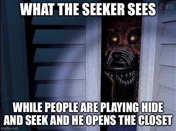 Hide and seek | WHAT THE SEEKER SEES; WHILE PEOPLE ARE PLAYING HIDE AND SEEK AND HE OPENS THE CLOSET | image tagged in nightmare foxy | made w/ Imgflip meme maker
