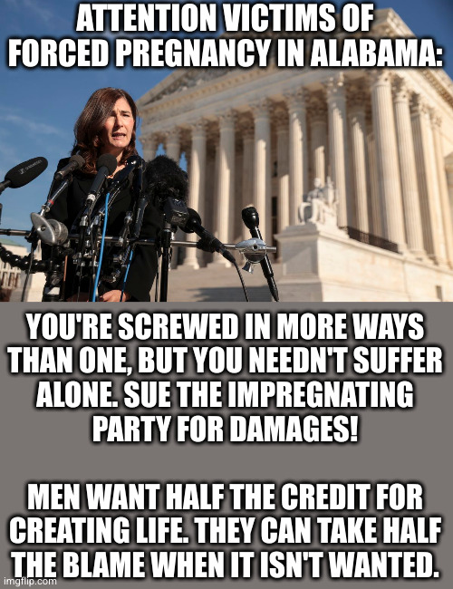 Fun Fact: 100% of unwanted pregnancies involved 2 people! | ATTENTION VICTIMS OF FORCED PREGNANCY IN ALABAMA:; YOU'RE SCREWED IN MORE WAYS
THAN ONE, BUT YOU NEEDN'T SUFFER
ALONE. SUE THE IMPREGNATING
PARTY FOR DAMAGES!
 
MEN WANT HALF THE CREDIT FOR
CREATING LIFE. THEY CAN TAKE HALF
THE BLAME WHEN IT ISN'T WANTED. | image tagged in bodily autonomy | made w/ Imgflip meme maker