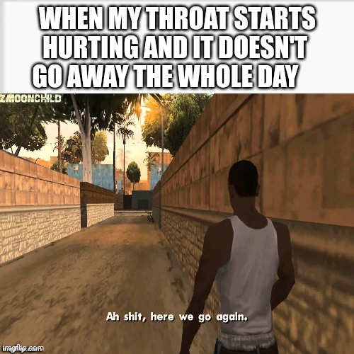Aw shit, I'm getting sick again - | WHEN MY THROAT STARTS HURTING AND IT DOESN'T   GO AWAY THE WHOLE DAY | image tagged in ah shit here we go agian,oh wow are you actually reading these tags | made w/ Imgflip meme maker