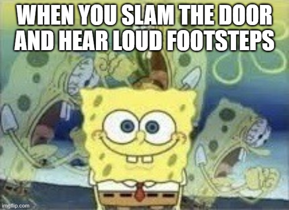 SpongeBob Internal Screaming | WHEN YOU SLAM THE DOOR AND HEAR LOUD FOOTSTEPS | image tagged in spongebob internal screaming | made w/ Imgflip meme maker