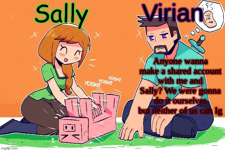 Virian and Sally shared temp | Anyone wanna make a shared account with me and Sally? We were gonna do it ourselves but neither of us can Ig | image tagged in virian and sally shared temp | made w/ Imgflip meme maker