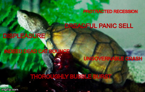 DISPLEASURE THOROUGHLY BUBBLE BURST PROTRACTED RECESSION INDEED DEAD CAT BOUNCE UNGOVERNABLE CRASH DREADFUL PANIC SELL | image tagged in memes,turtle,finance,trade,market,meltdown | made w/ Imgflip meme maker