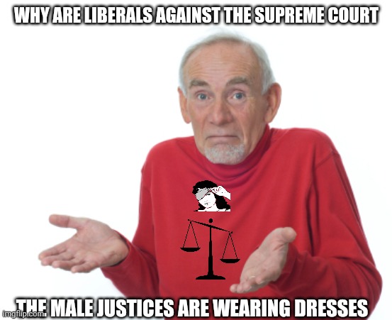 Guess I'll die  | WHY ARE LIBERALS AGAINST THE SUPREME COURT THE MALE JUSTICES ARE WEARING DRESSES | image tagged in guess i'll die | made w/ Imgflip meme maker
