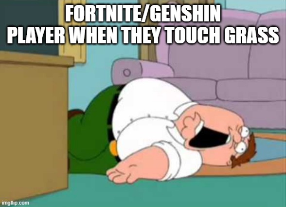 Dead Peter Griffin | FORTNITE/GENSHIN PLAYER WHEN THEY TOUCH GRASS | image tagged in dead peter griffin | made w/ Imgflip meme maker