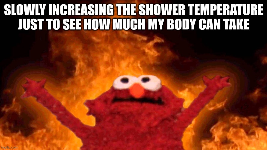 we've all done it | SLOWLY INCREASING THE SHOWER TEMPERATURE JUST TO SEE HOW MUCH MY BODY CAN TAKE | image tagged in elmo fire | made w/ Imgflip meme maker