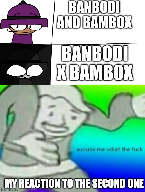 BanbodiLoverMan and I don't support LGBTQ and we don't like shipping | BANBODI AND BAMBOX; BANBODI X BAMBOX; MY REACTION TO THE SECOND ONE | image tagged in banbodi become canny to uncanny,excuse me wtf,no shipping,vsbanbodi,dave and bambi | made w/ Imgflip meme maker
