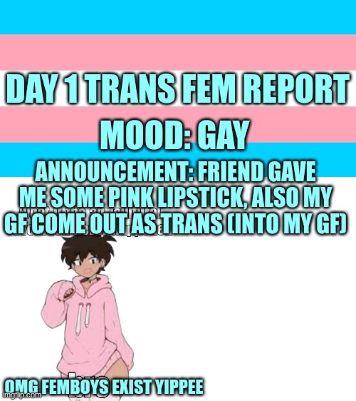 DAY 1 TRANS FEM REPORT; MOOD: GAY; ANNOUNCEMENT: FRIEND GAVE ME SOME PINK LIPSTICK, ALSO MY GF COME OUT AS TRANS (INTO MY GF); OMG FEMBOYS EXIST YIPPEE | made w/ Imgflip meme maker