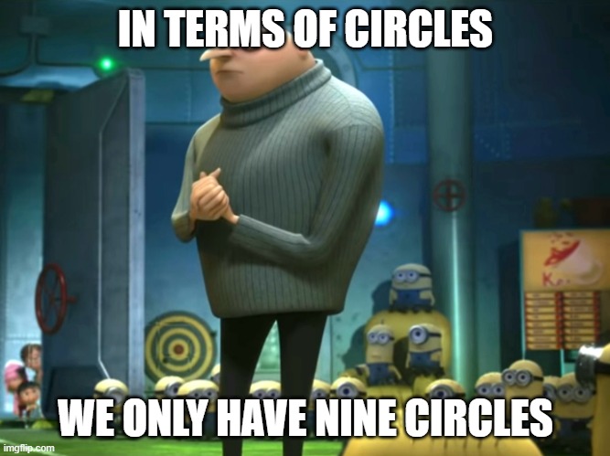 nine cricles | IN TERMS OF CIRCLES; WE ONLY HAVE NINE CIRCLES | image tagged in in terms of money we have no money | made w/ Imgflip meme maker