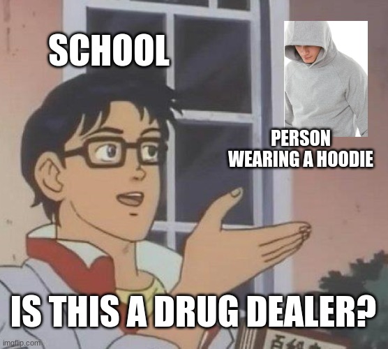 Is This A Pigeon | SCHOOL; PERSON WEARING A HOODIE; IS THIS A DRUG DEALER? | image tagged in memes,is this a pigeon | made w/ Imgflip meme maker