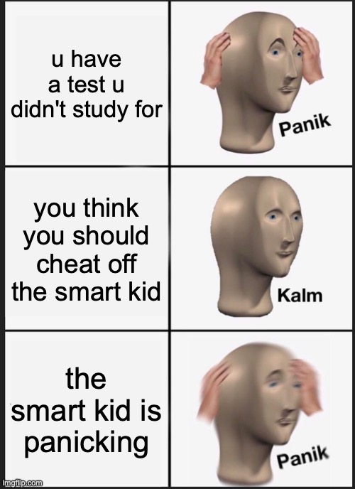 oof moment | u have a test u didn't study for; you think you should cheat off the smart kid; the smart kid is panicking | image tagged in memes,panik kalm panik | made w/ Imgflip meme maker