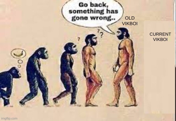 Evolution go back something has gone wrong | CURRENT VIKBOI OLD VIKBOI | image tagged in evolution go back something has gone wrong | made w/ Imgflip meme maker