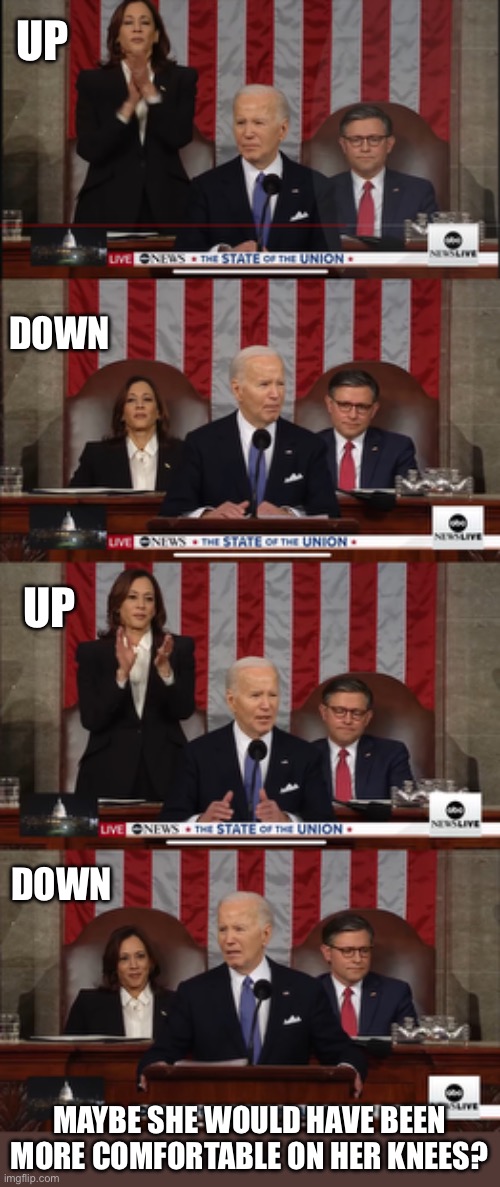 Up Down Up Down | UP; DOWN; UP; DOWN; MAYBE SHE WOULD HAVE BEEN MORE COMFORTABLE ON HER KNEES? | image tagged in sotu,kamala | made w/ Imgflip meme maker
