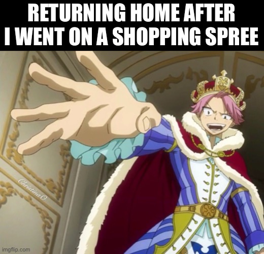 Fairy Tail Memes Shopping | RETURNING HOME AFTER I WENT ON A SHOPPING SPREE; ChristinaO | image tagged in fairy tail,memes,fairy tail memes,natsu dragneel,anime meme,anime memes | made w/ Imgflip meme maker