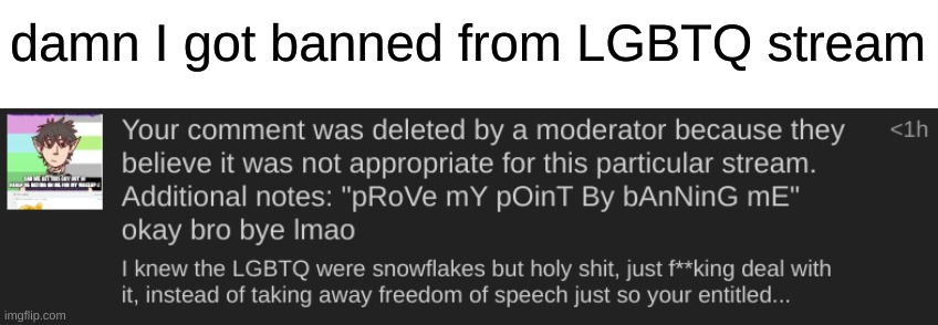 also, check the tags | damn I got banned from LGBTQ stream | image tagged in lgbtq are unfair,gay is evil,lgbtq is a sin | made w/ Imgflip meme maker