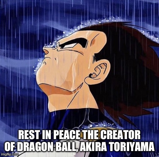 Rest in peace Akira Toriyama, the man who brought us Dragon Ball | REST IN PEACE THE CREATOR OF DRAGON BALL, AKIRA TORIYAMA | image tagged in vegeta in the rain,dragon ball,dragon ball z,dbz,memes,akira toriyama | made w/ Imgflip meme maker