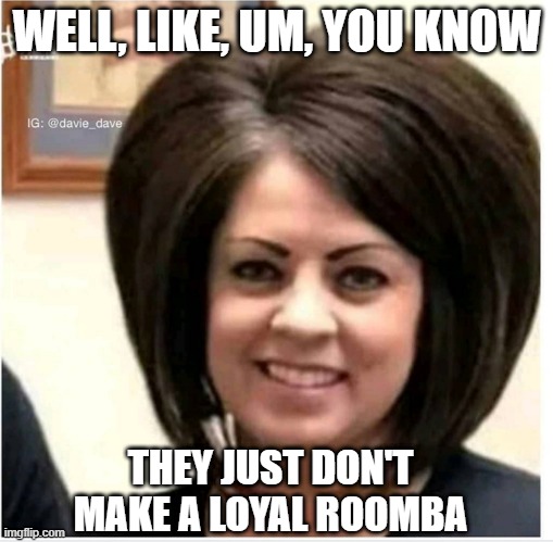 Mega Karen | WELL, LIKE, UM, YOU KNOW THEY JUST DON'T MAKE A LOYAL ROOMBA | image tagged in mega karen | made w/ Imgflip meme maker