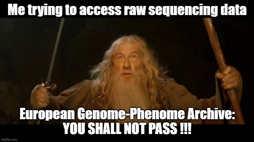 TRY TO ACCESS DATASETS FROM EGA | Me trying to access raw sequencing data; European Genome-Phenome Archive:
YOU SHALL NOT PASS !!! | image tagged in gandalf - you shall not pass | made w/ Imgflip meme maker