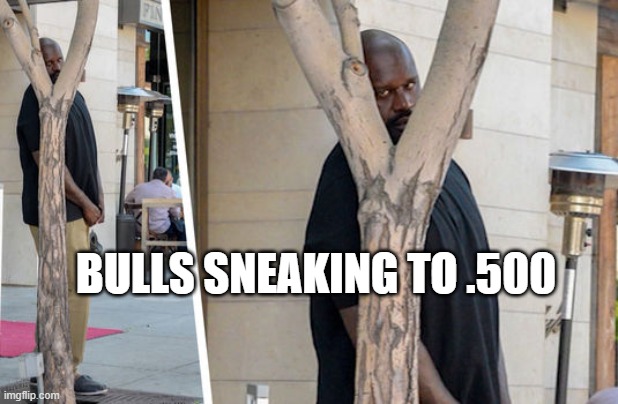 Shaq hiding | BULLS SNEAKING TO .500 | image tagged in shaq hiding | made w/ Imgflip meme maker