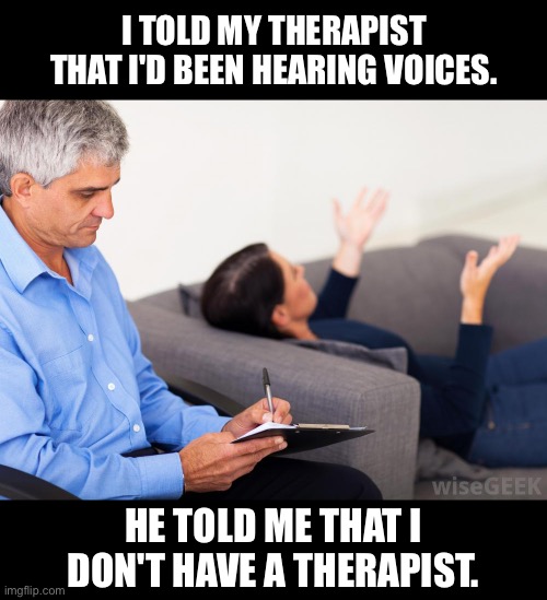 Hearing voices | I TOLD MY THERAPIST THAT I'D BEEN HEARING VOICES. HE TOLD ME THAT I DON'T HAVE A THERAPIST. | image tagged in therapist notes,mental illness,mental health,dark humor,schizophrenia,hallucination | made w/ Imgflip meme maker